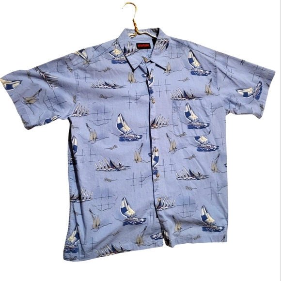 Wolverine Men's Blue Sail Boat Hawaiian‎ Button Down 100% Cotton Shirt Sz XL - Picture 1 of 5